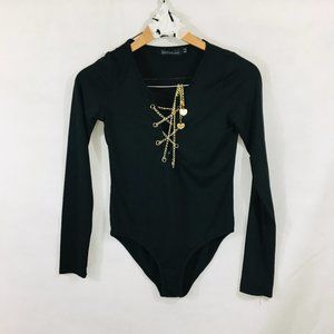ZANZEA black long sleeve BODYSUIT gold chain sz 6